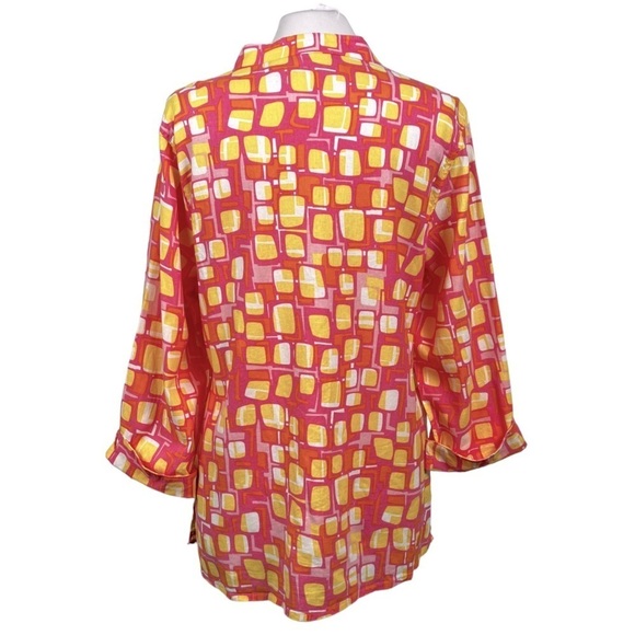 TWEEDS Woman Plus Size Linen Button Front Tunic Blouse Shirt Retro Geo Print - Picture 4 of 8